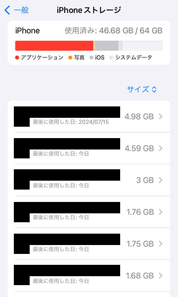 多くて4～5GB、次点で1.5GB超えが複数、アプリだけでも合計32GBを超えている