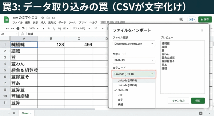 CSVファイルが文字化けした例