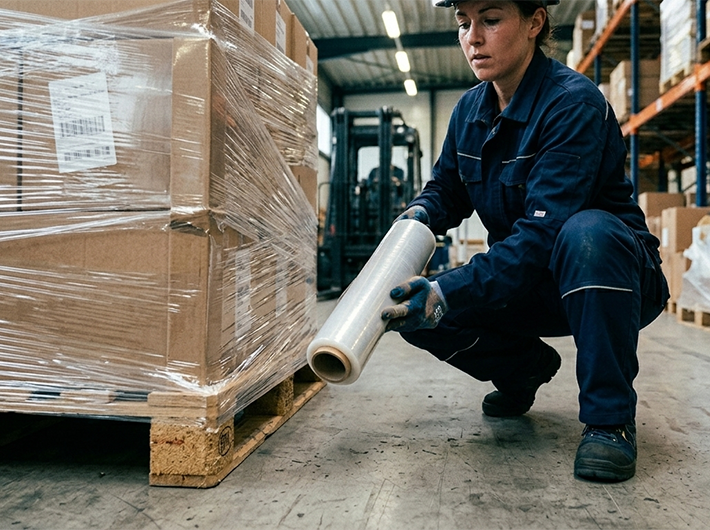 作業現場でストレッチフィルムをまく女性のイメージ画像