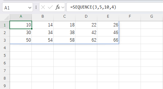 SEQUENCE(3, 5, 10, 4)により、3行5列の表に10から数えて4ずつ増やして出力（最初に1行目が埋まる）