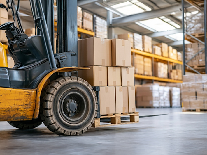 積み付けた荷物をフォークリフトで搬送する様子。箱の角と角を揃えて「はい付け」をすることで、移動時の揺れにも強い、荷崩れしない安定した状態を維持している。
