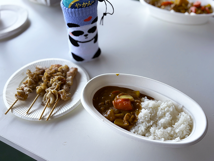完成した手作りカレーライスと、香ばしく焼けた焼き鳥がワンプレートに並んだ美味しそうな食事。