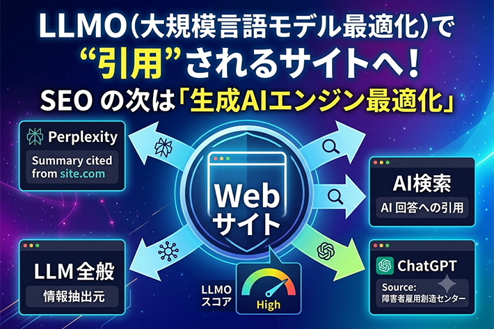 LLMO(大規模言語モデル最適化)がWebサイトの認知やAIによる引用に与える効果を解説したアイキャッチ画像。コンテンツがAIに正しく理解される仕組みを視覚化した概念図