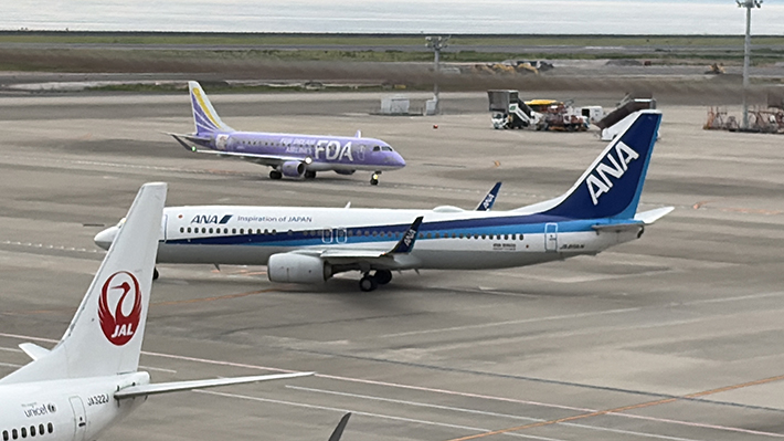 全日空（ANA）の清潔感ある白い機体と、静岡を拠点とするフジドリームエアラインズ（FDA）のカラフルな機体が並ぶ駐機場。日本の空を繋ぐ航空会社同士の共演。
