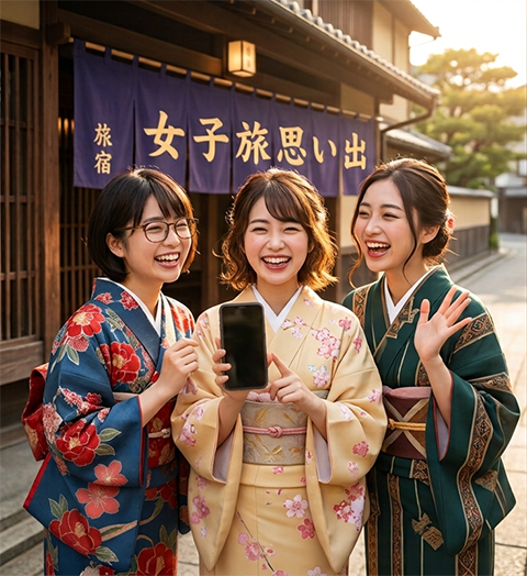 AIを活用することで計画や準備のストレスから解放され、温泉旅館でのひとときを心から楽しむ3人の友人たち。