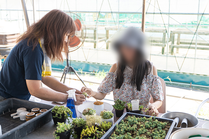 『Hakoniwa』のメイン活動の一つである、多肉植物の寄せ植え・栽培を体験している様子。小さな鉢という「箱庭」の中に自分だけの自然の風景をつくり上げるプロセスを通じて、土や自然に触れながら笑顔で個性を育む穏やかな時間。