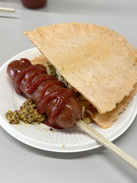 焼き立てのフランクフルトと、食べると黄身がとろりと出てきて大はしゃぎした大きなたませんを豪華に盛り付けた紙皿。ボリューム満点の手作りグルメに笑顔が広がる贅沢な組み合わせ。