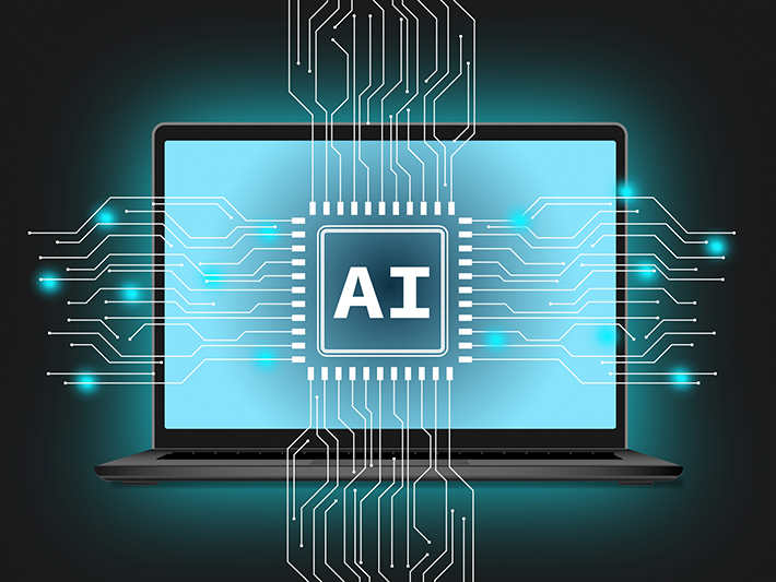ノートパソコンのディスプレイ中央に発光する「AI」チップと回路基板のグラフィックが広がるテクノロジーイメージ画像。各種ソフトのAI機能実装やバージョンアップに伴い、要求スペック（メモリ16GB〜32GB等）が引き上がっている最新の動作環境を表現した一枚。